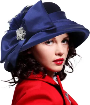 Ruphedy Womens Wool Felt Hats Wide Brim Derby Church Dress Hat for Fall Winter 1920s