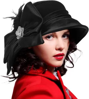 Ruphedy Womens Wool Felt Hats Wide Brim Derby Church Dress Hat for Fall Winter 1920s
