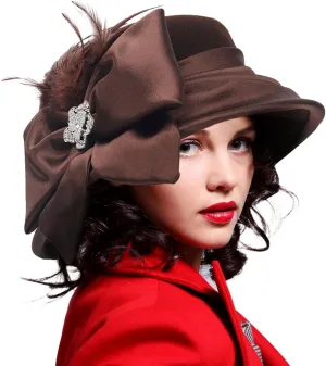 Ruphedy Womens Wool Felt Hats Wide Brim Derby Church Dress Hat for Fall Winter 1920s