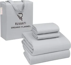RUVANTI Organic Flannel Sheets Full Size - 100% Cotton Double Brushed Bed Sheet Set - Deep Pocket 16 Inches - All Seasons Breathable, Extra Soft, Warm & Cozy - 4 Pieces - Light Grey