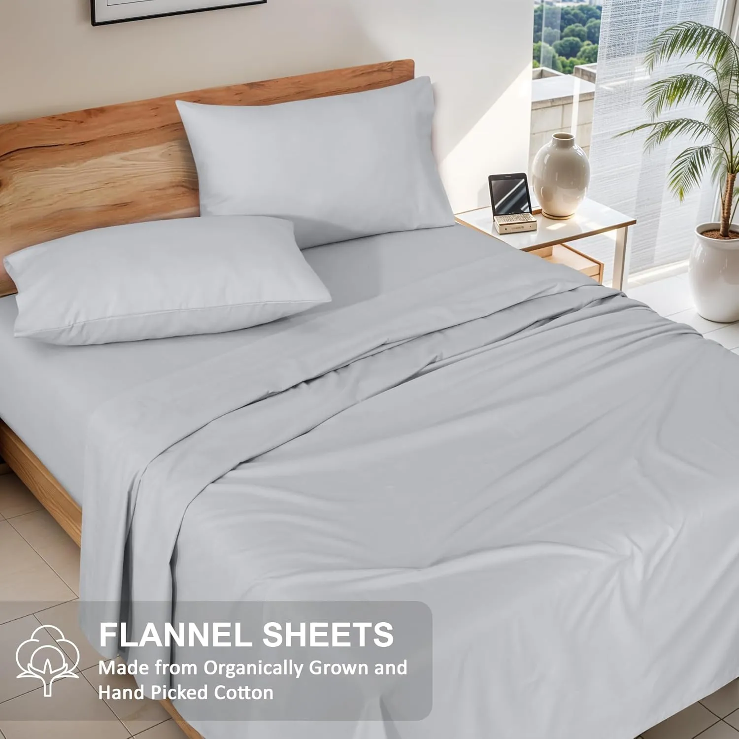 RUVANTI Organic Flannel Sheets Full Size - 100% Cotton Double Brushed Bed Sheet Set - Deep Pocket 16 Inches - All Seasons Breathable, Extra Soft, Warm & Cozy - 4 Pieces - Light Grey