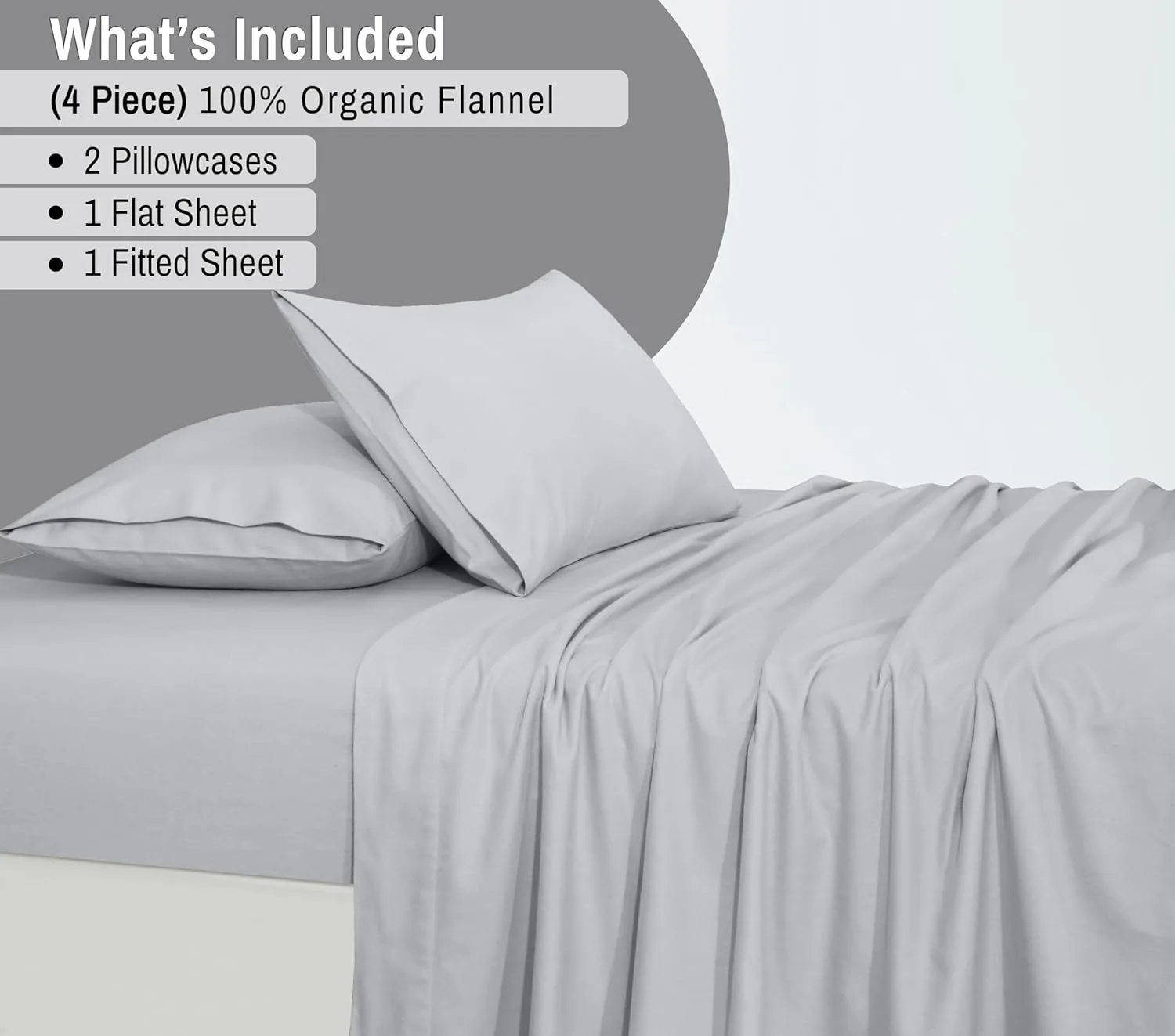 RUVANTI Organic Flannel Sheets Full Size - 100% Cotton Double Brushed Bed Sheet Set - Deep Pocket 16 Inches - All Seasons Breathable, Extra Soft, Warm & Cozy - 4 Pieces - Light Grey