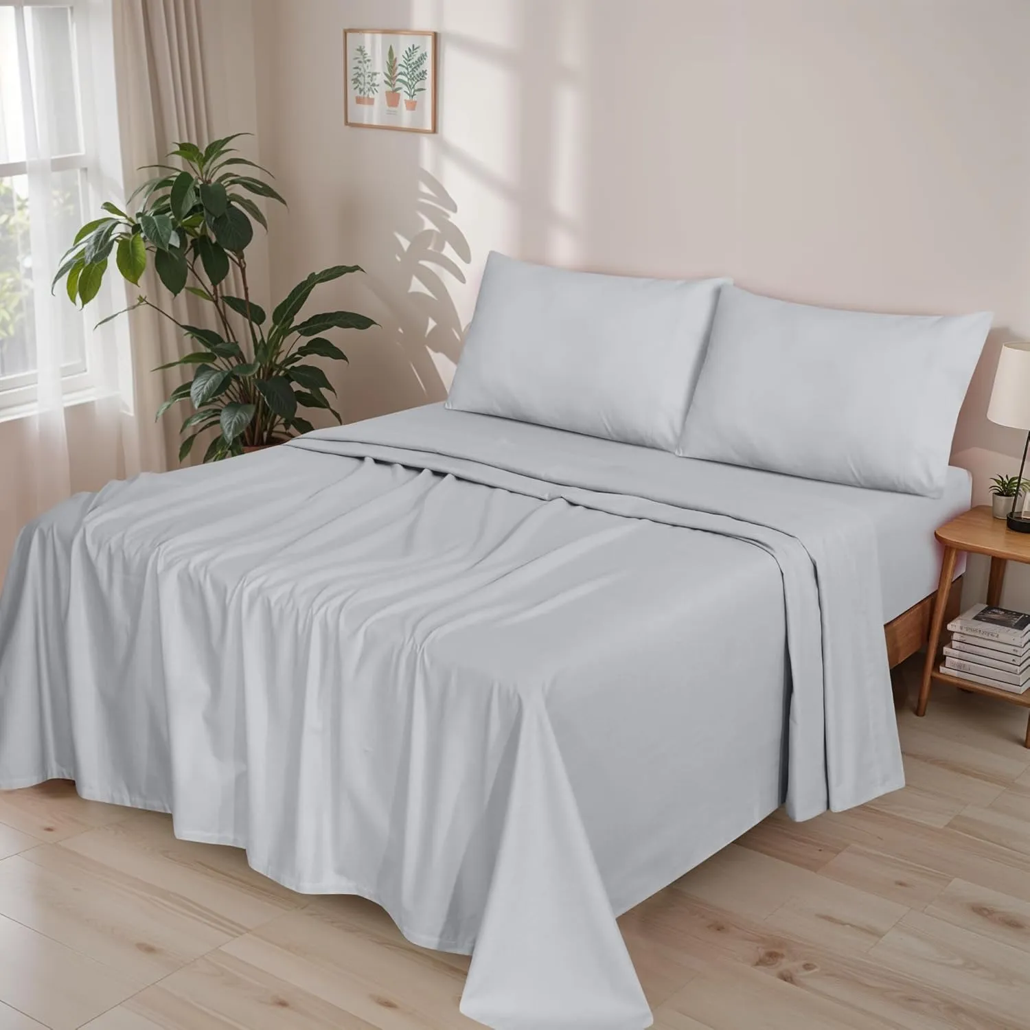 RUVANTI Organic Flannel Sheets Full Size - 100% Cotton Double Brushed Bed Sheet Set - Deep Pocket 16 Inches - All Seasons Breathable, Extra Soft, Warm & Cozy - 4 Pieces - Light Grey
