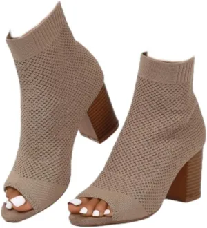 SACFOF Peep Toe Booties for Women Knit Pointed Toe Chunky Block Heels Breathable Sandals Summer Casual Slip On Dress Sock Booties US5-11
