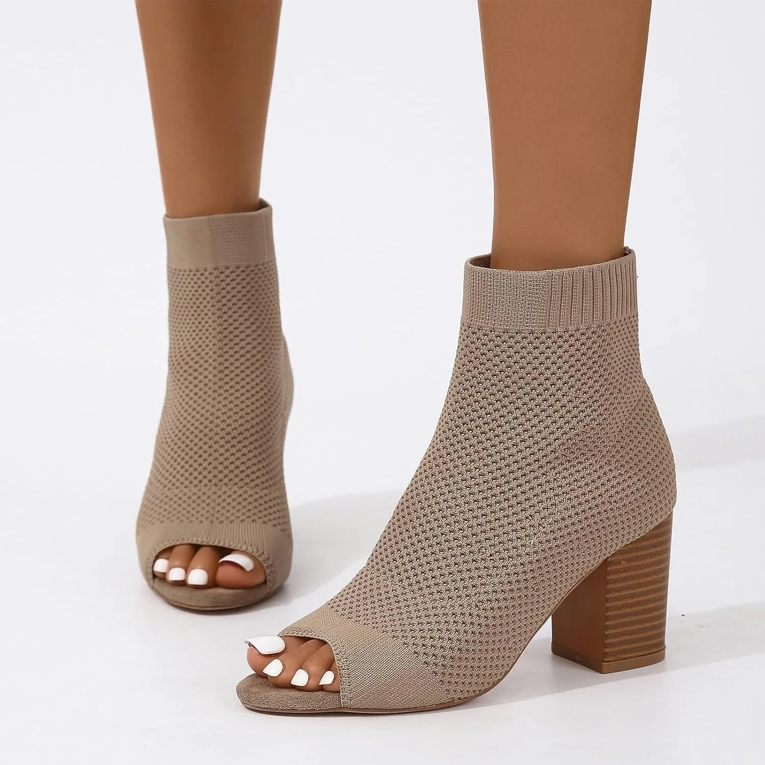 SACFOF Peep Toe Booties for Women Knit Pointed Toe Chunky Block Heels Breathable Sandals Summer Casual Slip On Dress Sock Booties US5-11