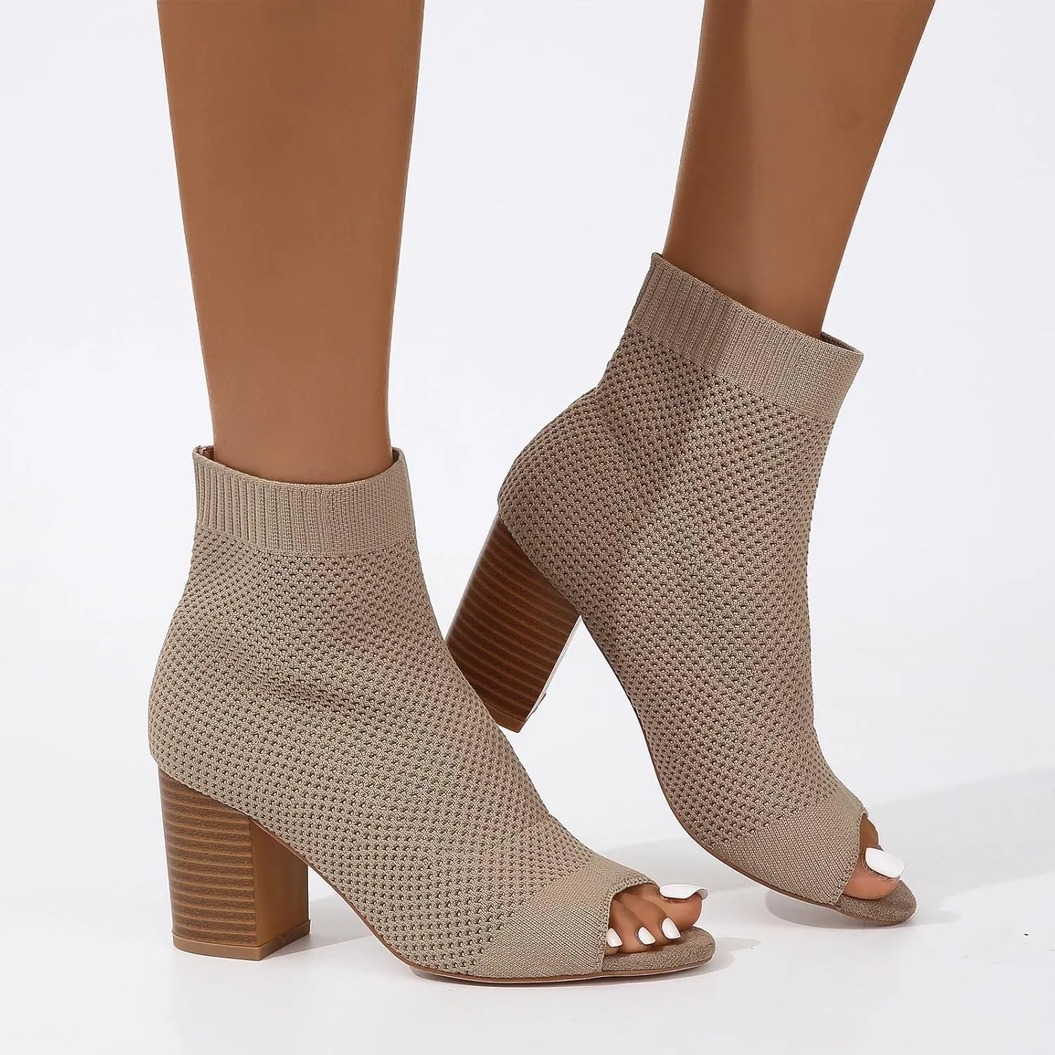 SACFOF Peep Toe Booties for Women Knit Pointed Toe Chunky Block Heels Breathable Sandals Summer Casual Slip On Dress Sock Booties US5-11