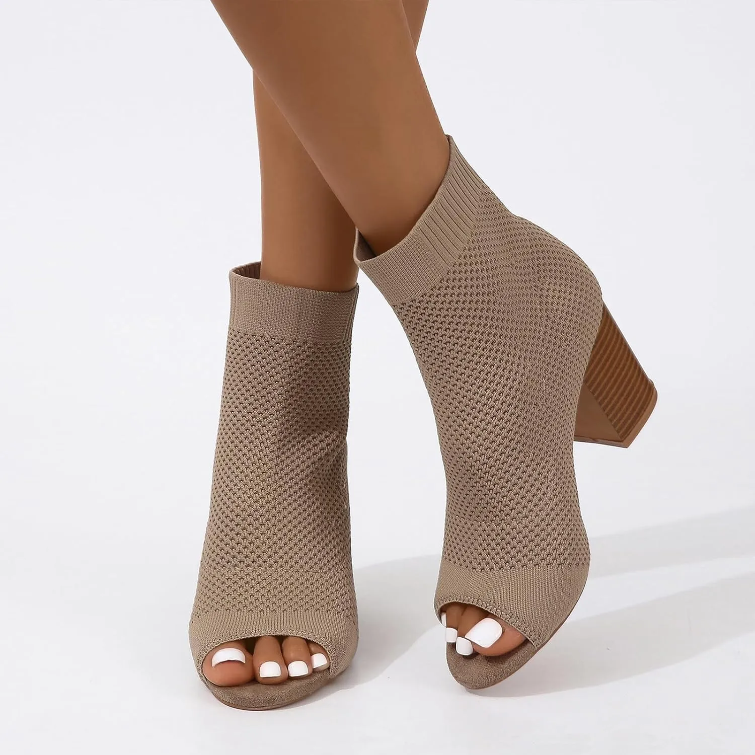 SACFOF Peep Toe Booties for Women Knit Pointed Toe Chunky Block Heels Breathable Sandals Summer Casual Slip On Dress Sock Booties US5-11