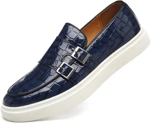 Santimon Men's Double Monk Strap Loafers Croc Patent Leather Formal Casual Chunky Dress Shoes