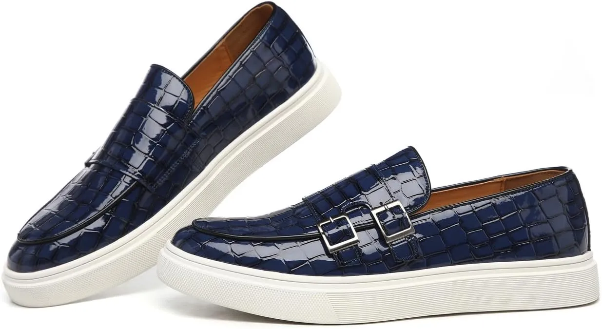 Santimon Men's Double Monk Strap Loafers Croc Patent Leather Formal Casual Chunky Dress Shoes