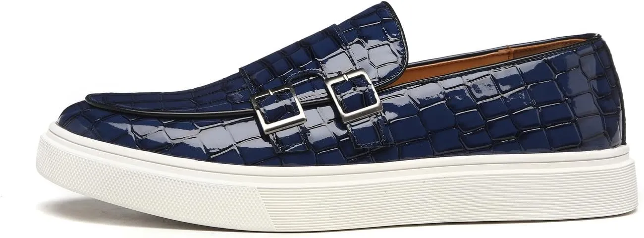 Santimon Men's Double Monk Strap Loafers Croc Patent Leather Formal Casual Chunky Dress Shoes