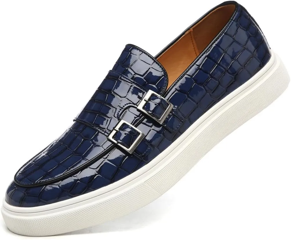 Santimon Men's Double Monk Strap Loafers Croc Patent Leather Formal Casual Chunky Dress Shoes