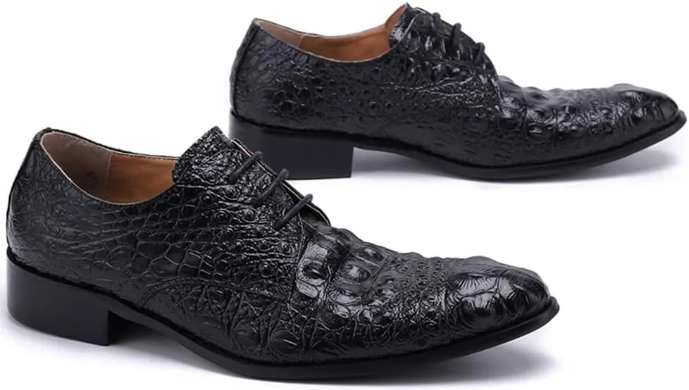 Santimon Mens Dress Oxfords Pointed Toe Genuine Leather Comfortable Fashion Crocodile Print Casual Slip-on Party Wedding Business Shoes