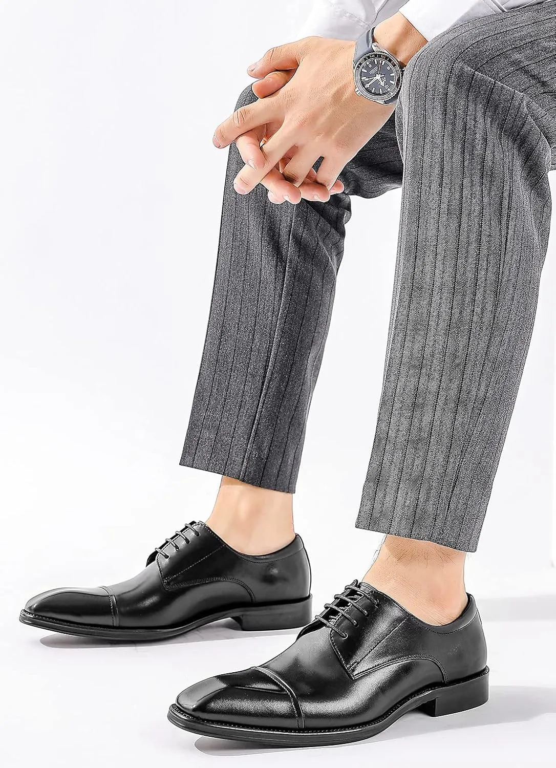 Santimon Men's Oxfords Formal Dress Classic Lace-up Cap Toe Derby Genuine Leather Fashion Comfortable Suit Shoes Buinsess Casual Prom Wedding Tuxedo Shoes for Men
