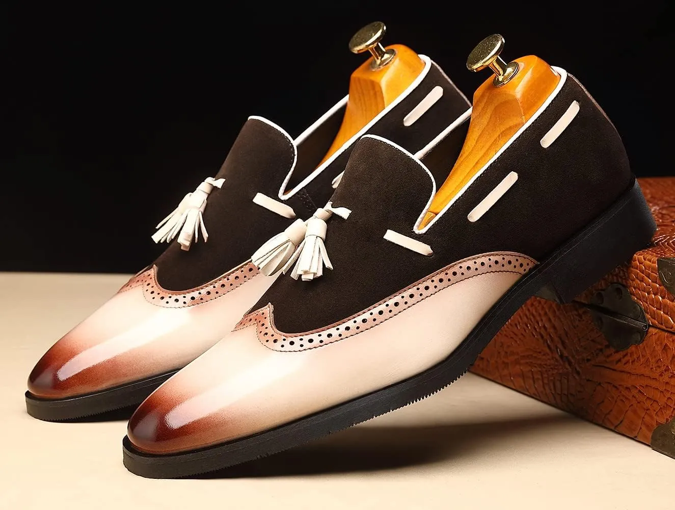 Santimon Mens Tassel Loafers Wingtip Brogue Antique Dress Leather Slip On Derby Casual Oxfords