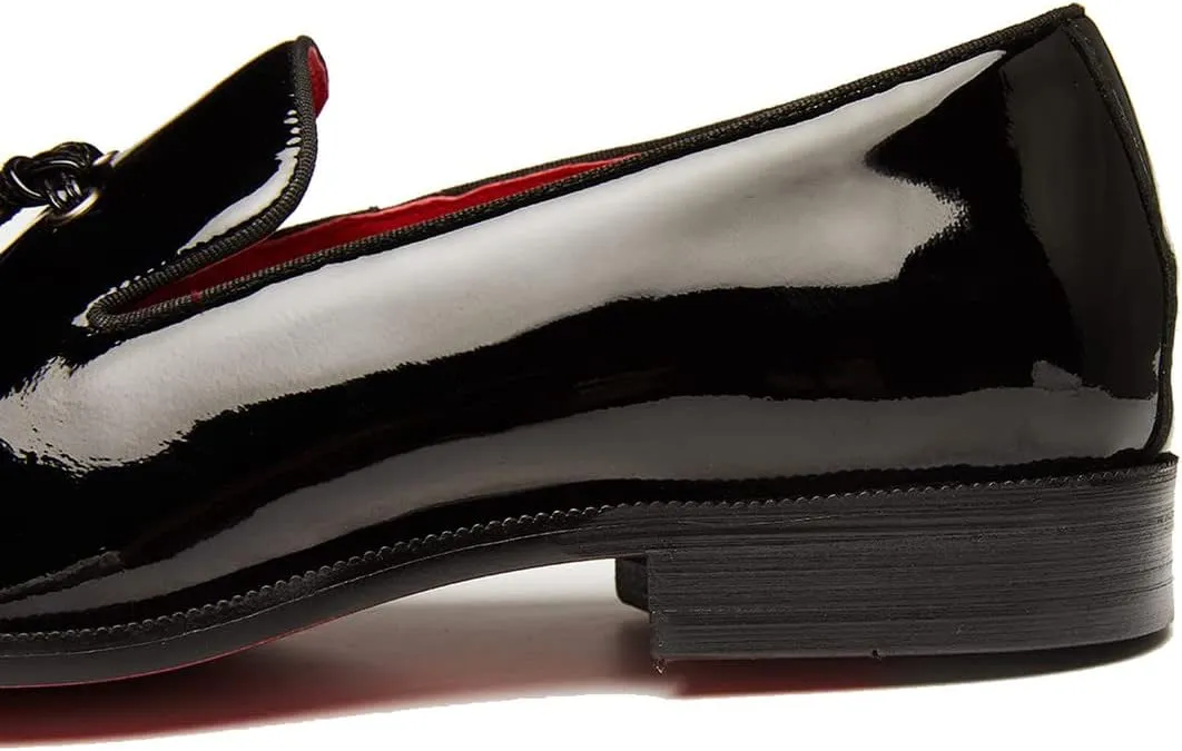 Santimon Men's Tassel Slip-on Penny Loafers Casual Dress Patent Leather Smoking Slipper Black Formal Shoes for Men