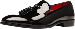 Santimon Men's Tassel Slip-on Penny Loafers Casual Dress Patent Leather Smoking Slipper Black Formal Shoes for Men