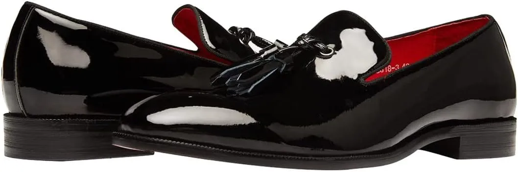 Santimon Men's Tassel Slip-on Penny Loafers Casual Dress Patent Leather Smoking Slipper Black Formal Shoes for Men