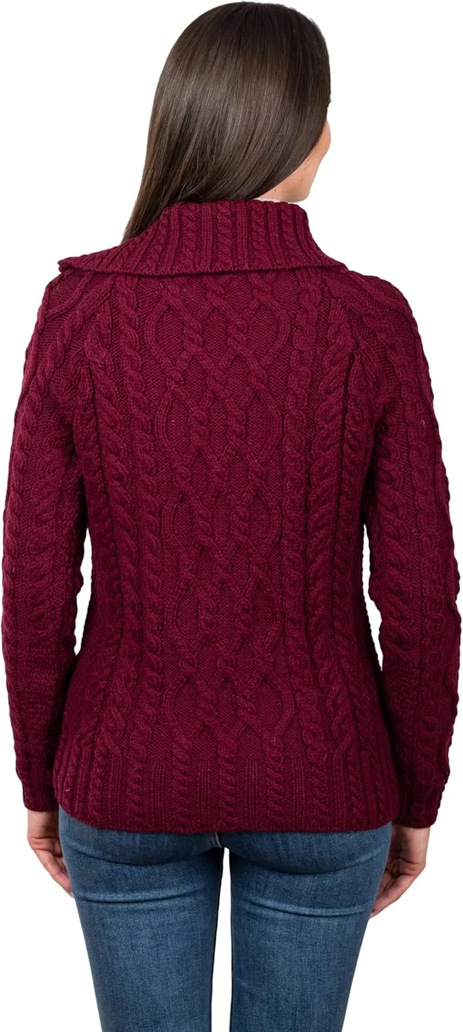 SAOL 100% Merino Wool Aran Fisherman Celtic Half Zipper Neck Sweater for Ladies