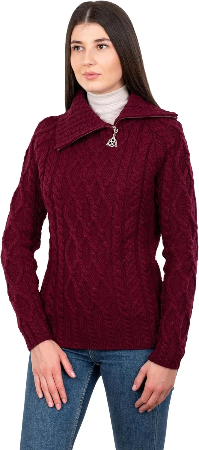 SAOL 100% Merino Wool Aran Fisherman Celtic Half Zipper Neck Sweater for Ladies