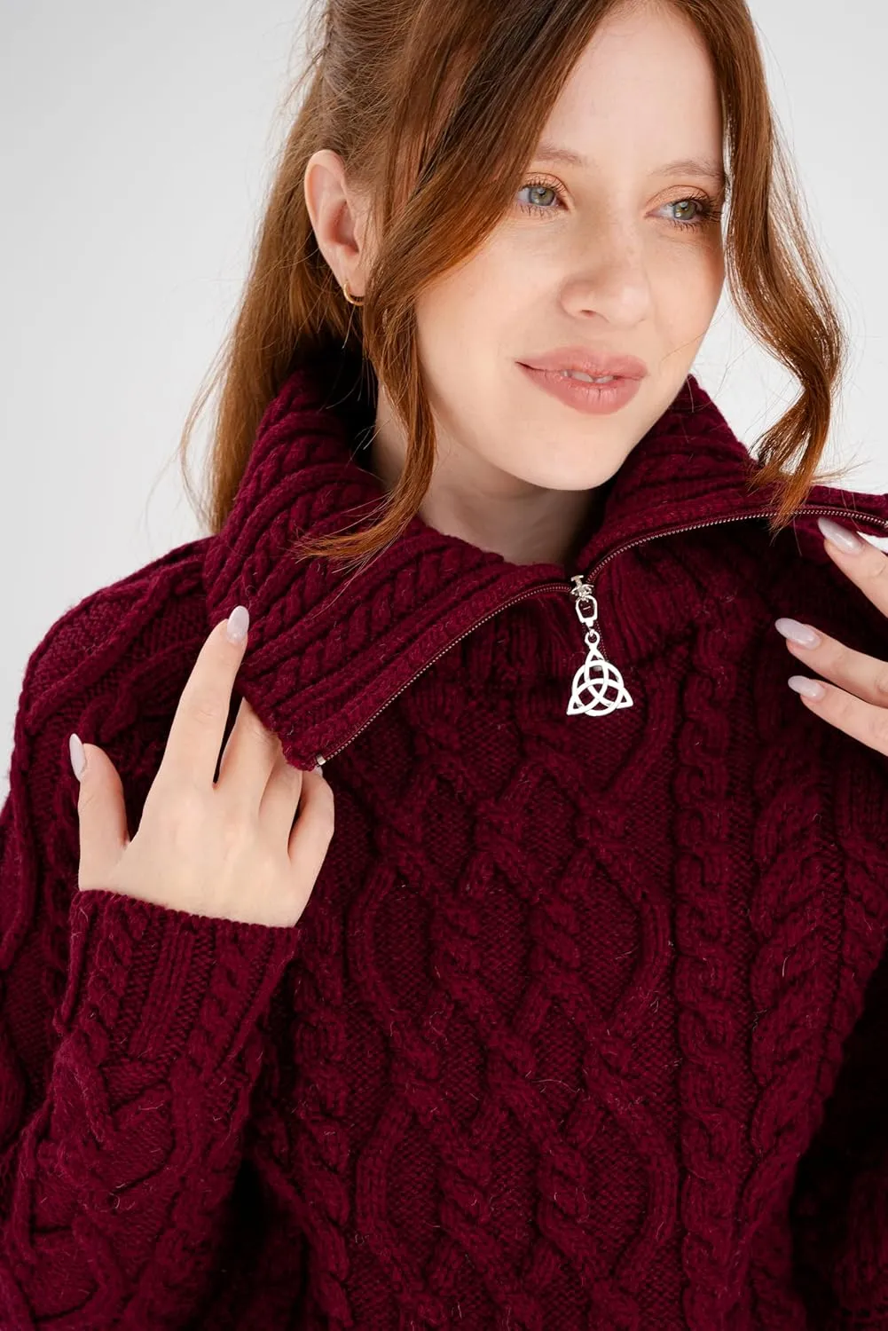SAOL 100% Merino Wool Aran Fisherman Celtic Half Zipper Neck Sweater for Ladies