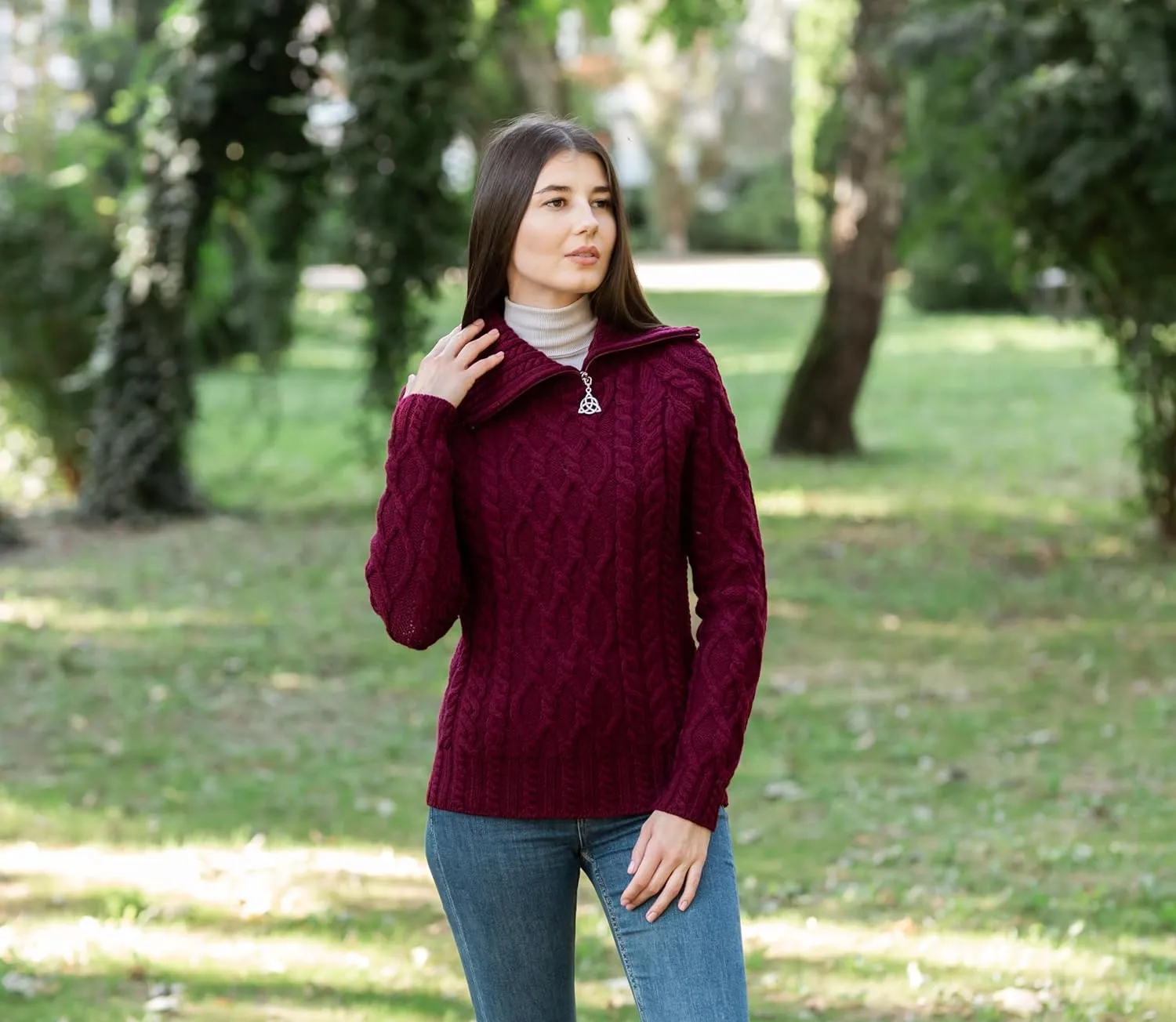SAOL 100% Merino Wool Aran Fisherman Celtic Half Zipper Neck Sweater for Ladies