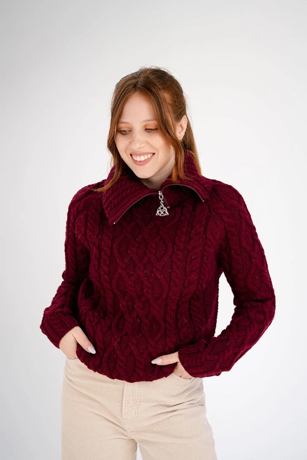 SAOL 100% Merino Wool Aran Fisherman Celtic Half Zipper Neck Sweater for Ladies