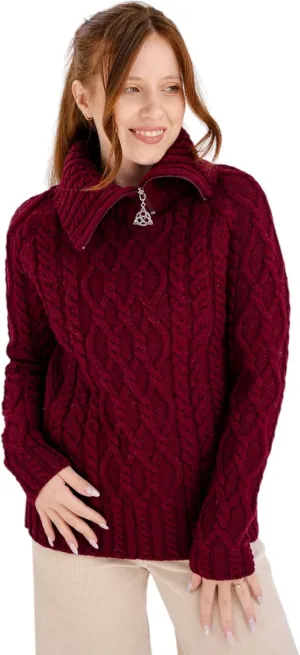 SAOL 100% Merino Wool Aran Fisherman Celtic Half Zipper Neck Sweater for Ladies