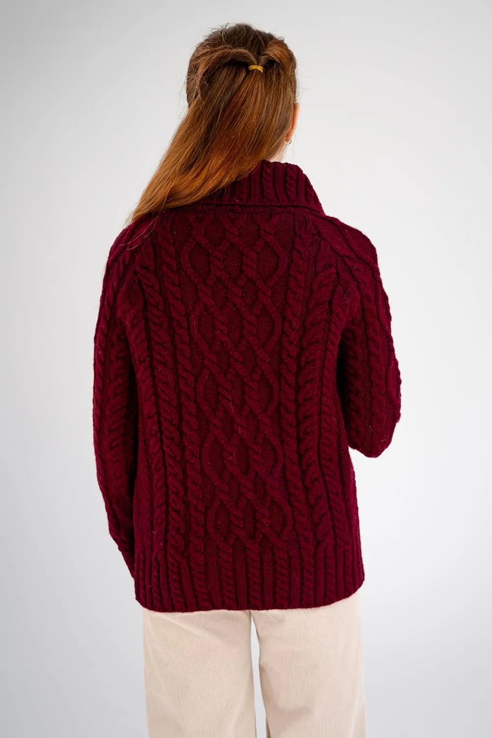 SAOL 100% Merino Wool Aran Fisherman Celtic Half Zipper Neck Sweater for Ladies