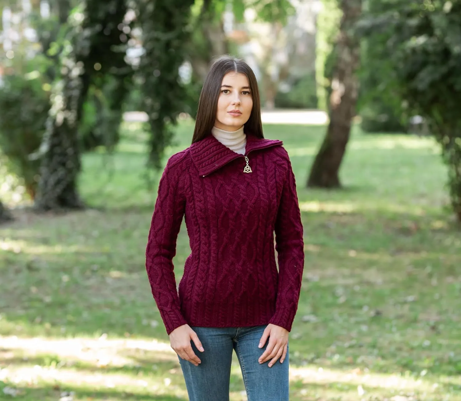 SAOL 100% Merino Wool Aran Fisherman Celtic Half Zipper Neck Sweater for Ladies