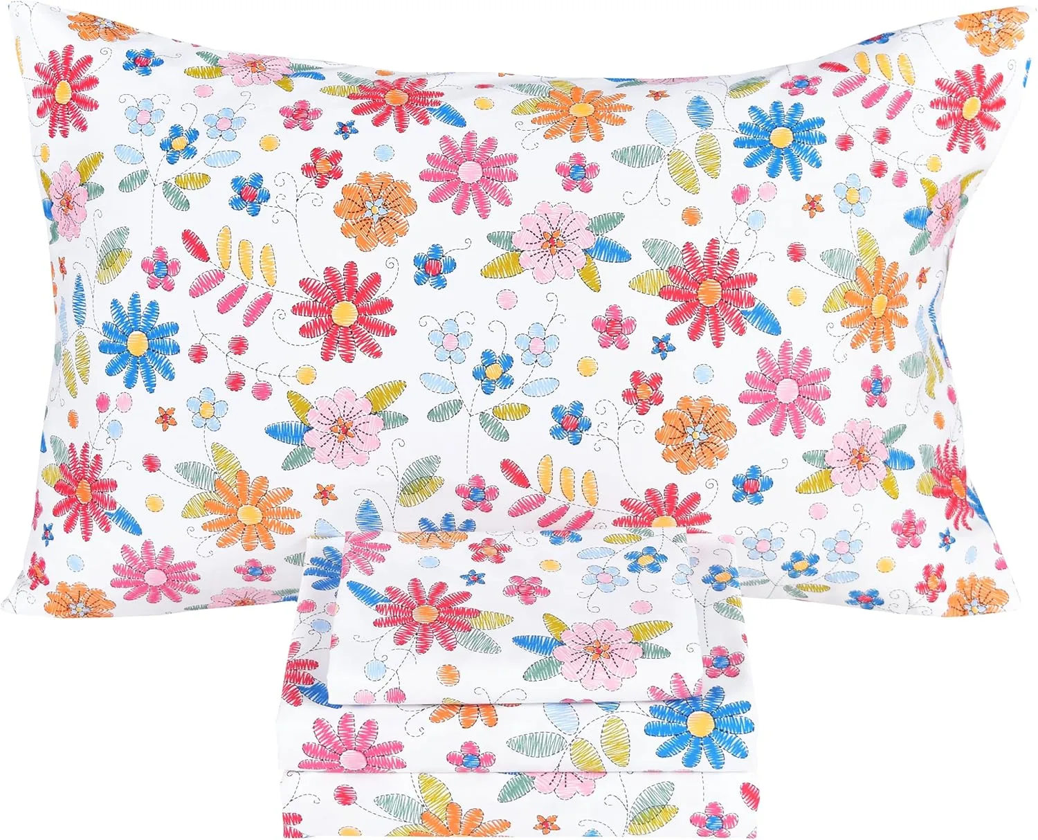 Scientific Sleep Cartoon Floral Flowers 100% Cotton 4 Pcs Full Bed Sheet Set Kids Toddler Teen, Flat Sheet & Fitted Sheet & Pillowcase Girls Bedding Set (Colorful Flower, Full)