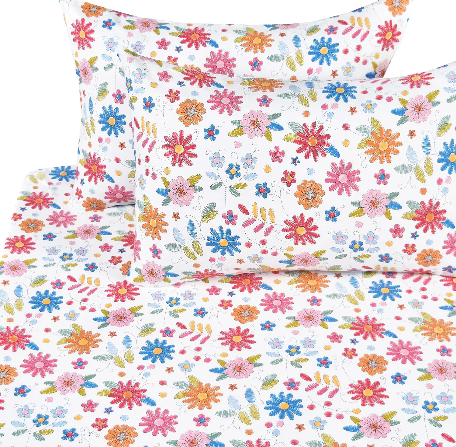 Scientific Sleep Cartoon Floral Flowers 100% Cotton 4 Pcs Full Bed Sheet Set Kids Toddler Teen, Flat Sheet & Fitted Sheet & Pillowcase Girls Bedding Set (Colorful Flower, Full)