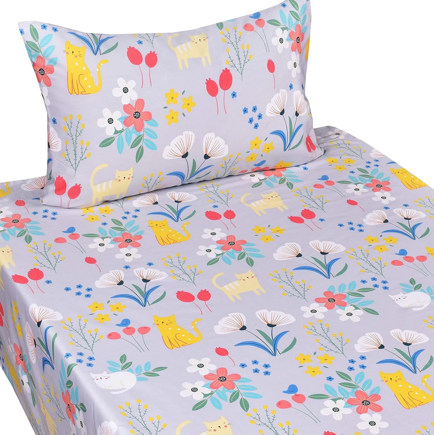 Scientific Sleep Kitty Cats Flowers Girls Kids Teen Girls 100% Cotton Twin Bed Sheet Set, Flat Sheet & Fitted Sheet & Pillowcase Bedding Set (Cats Flower, Full)