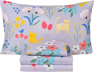 Scientific Sleep Kitty Cats Flowers Girls Kids Teen Girls 100% Cotton Twin Bed Sheet Set, Flat Sheet & Fitted Sheet & Pillowcase Bedding Set (Cats Flower, Full)