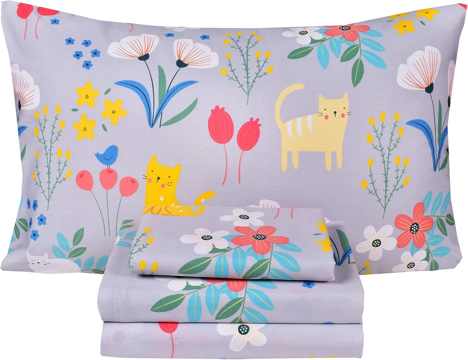 Scientific Sleep Kitty Cats Flowers Girls Kids Teen Girls 100% Cotton Twin Bed Sheet Set, Flat Sheet & Fitted Sheet & Pillowcase Bedding Set (Cats Flower, Full)