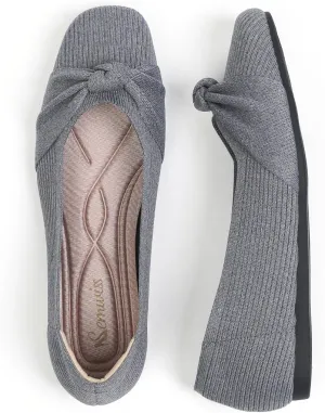 SemwissWomen Ballet Flats Square Toe Comfortable Dressy Slip on mesh Knitted Flat with Bow Office Shoes.