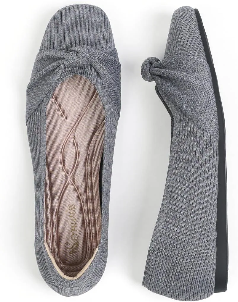 SemwissWomen Ballet Flats Square Toe Comfortable Dressy Slip on mesh Knitted Flat with Bow Office Shoes.