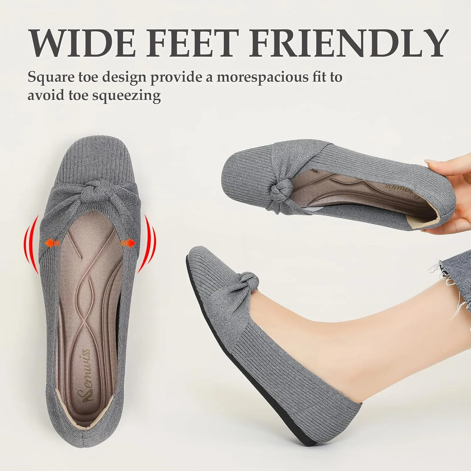 SemwissWomen Ballet Flats Square Toe Comfortable Dressy Slip on mesh Knitted Flat with Bow Office Shoes.