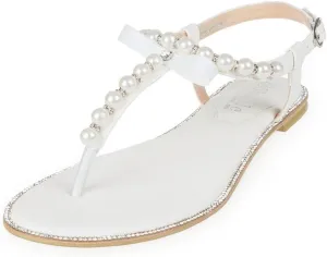 SheSole Women's Pearl T-Strap Bridal White Flat Sandals Beach Wedding Shoes