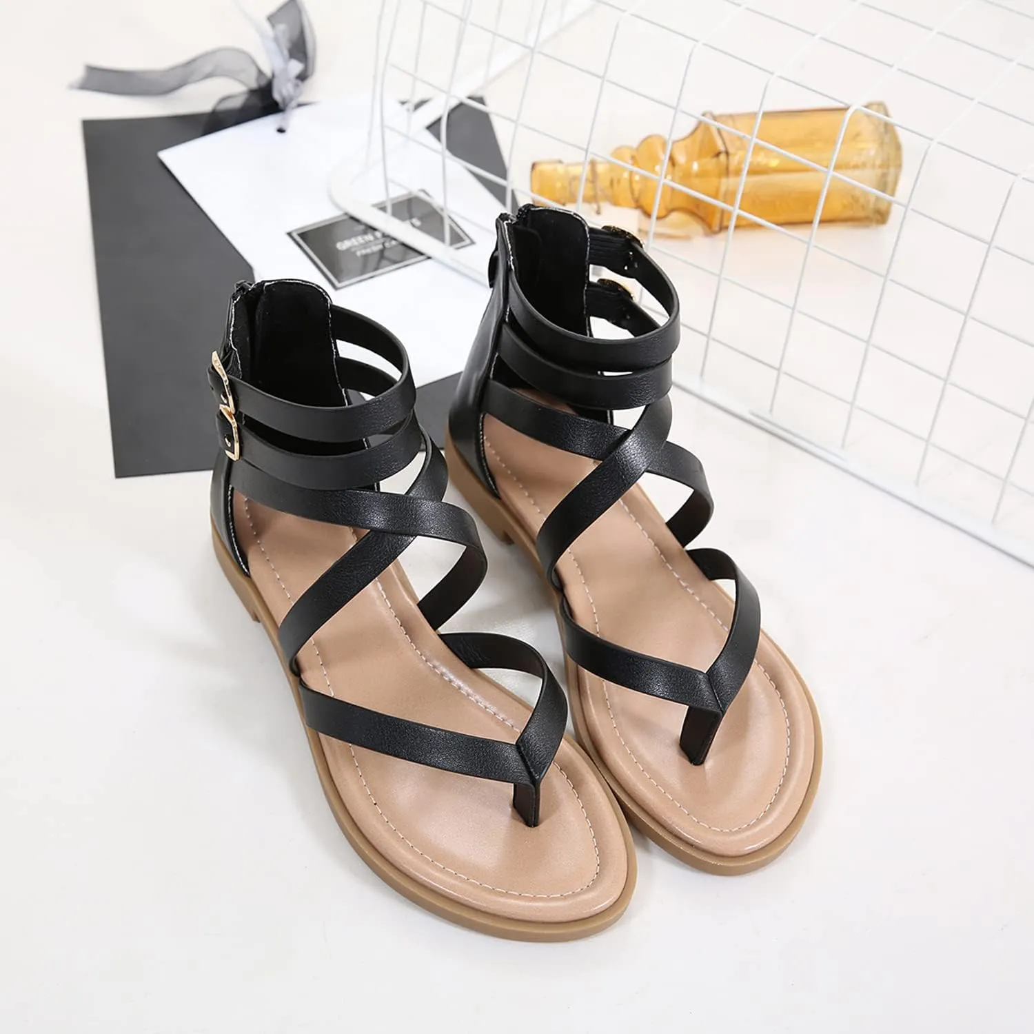 SHIBEVER Gladiator Strappy Sandals for Women: Dressy Summer Comfortable Flat, Back Zipper Roman Comfy Womens Sandals