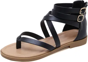 SHIBEVER Gladiator Strappy Sandals for Women: Dressy Summer Comfortable Flat, Back Zipper Roman Comfy Womens Sandals