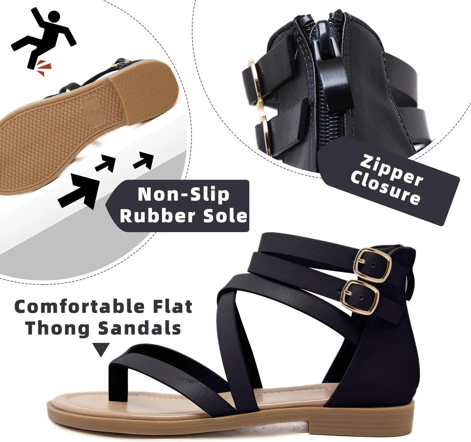 SHIBEVER Gladiator Strappy Sandals for Women: Dressy Summer Comfortable Flat, Back Zipper Roman Comfy Womens Sandals