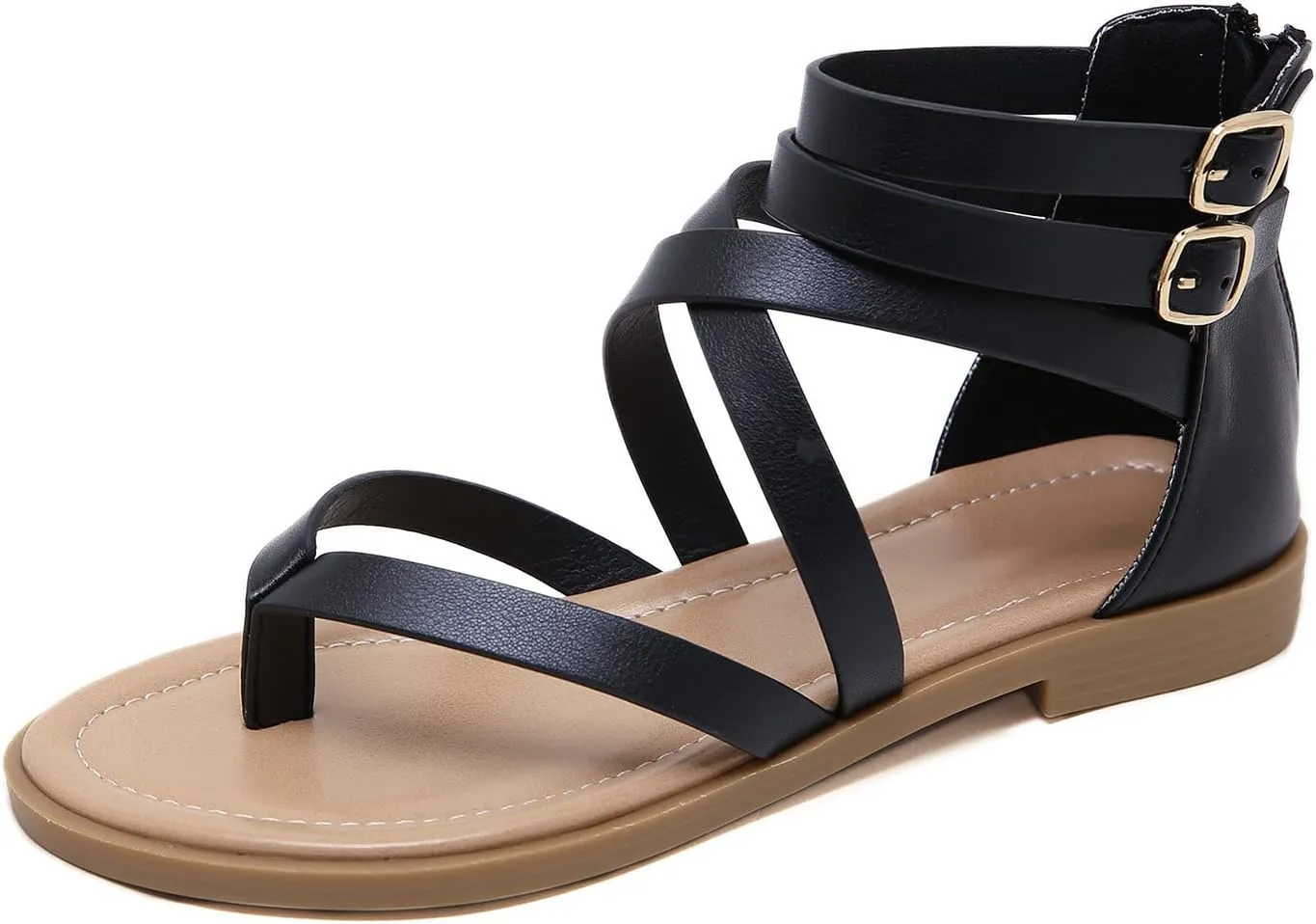 SHIBEVER Gladiator Strappy Sandals for Women: Dressy Summer Comfortable Flat, Back Zipper Roman Comfy Womens Sandals