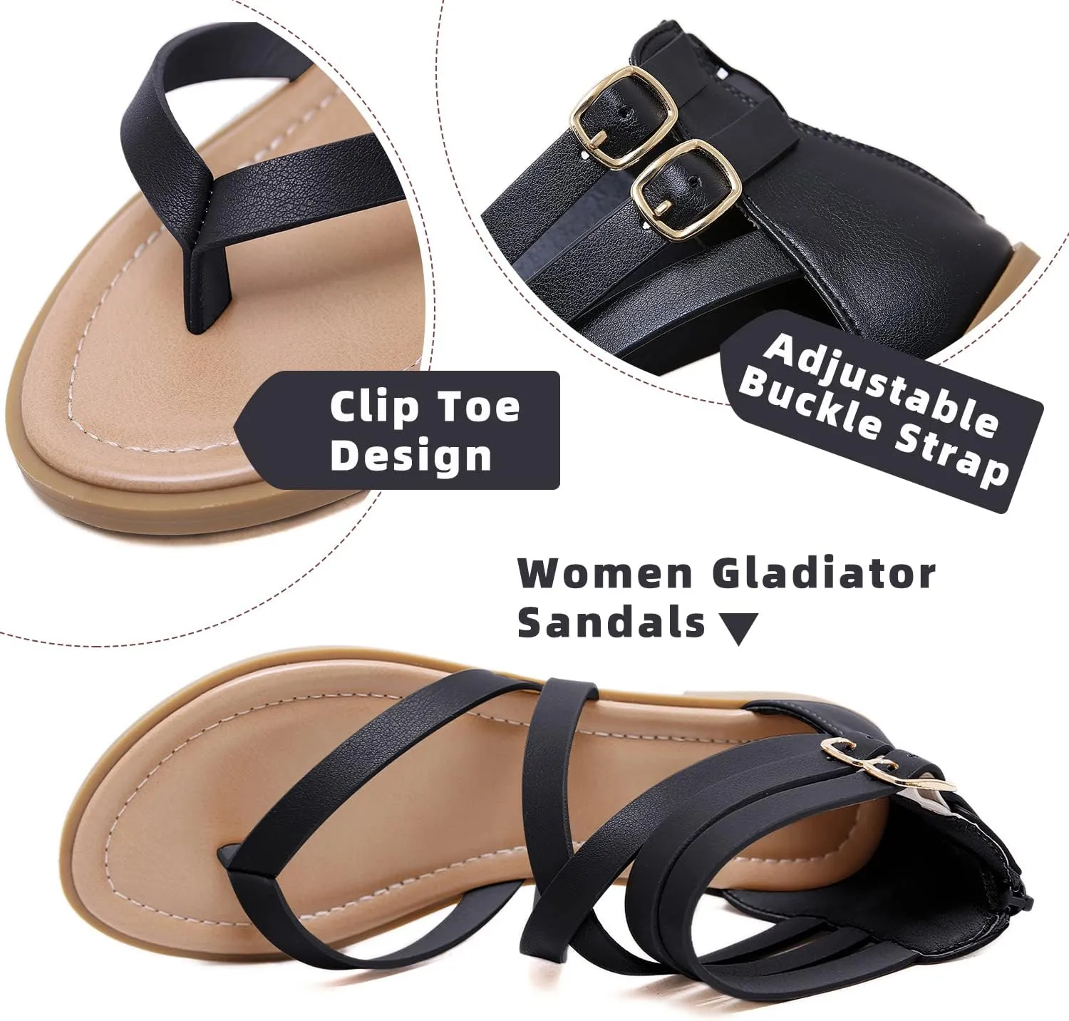 SHIBEVER Gladiator Strappy Sandals for Women: Dressy Summer Comfortable Flat, Back Zipper Roman Comfy Womens Sandals