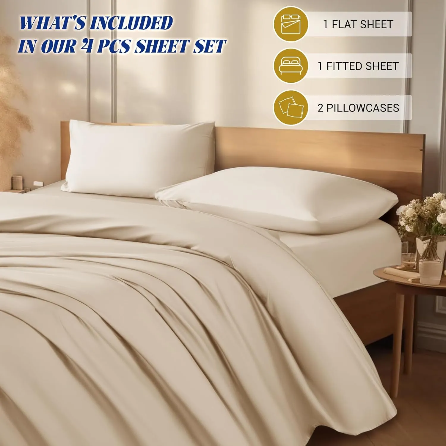 Shilucheng 1200 Thread Count Cotton Sheets Set，Luxury 100% Egyptian Cotton Bed Sheets，5-Star Hotel Quality Sheets, Breathable & Cooling, 16 Inch Deep Pocket - 4 Piece (Beige, King)