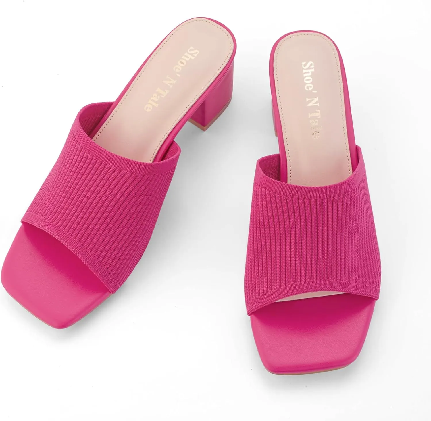 Shoe'N Tale Heeled Sandals For Women Square Open Toe Heeled Mules Chunky Block Low Heel Slip On Slides