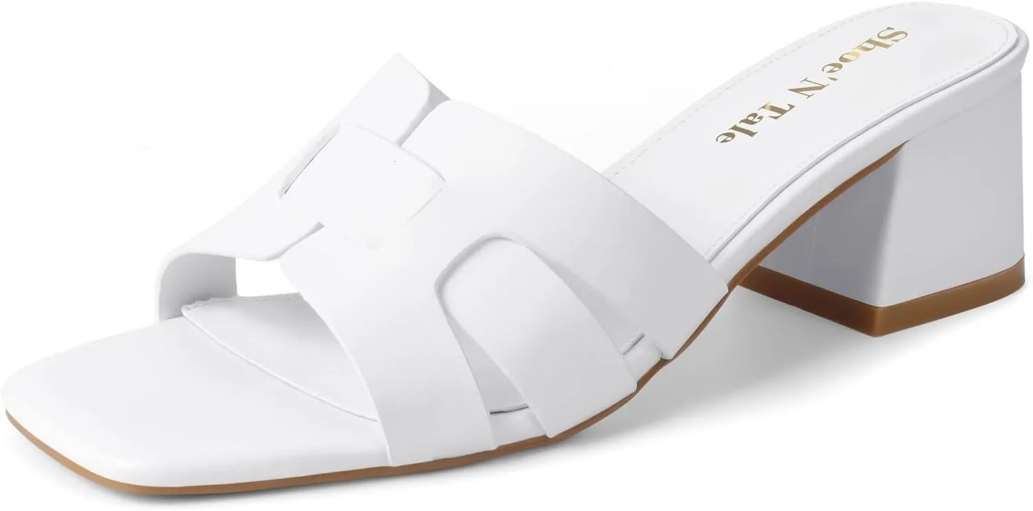 Shoe'N Tale Low Heels for Women Square Open Toe Mules Chunky Block Comfortable Slip On Dressy Sandals