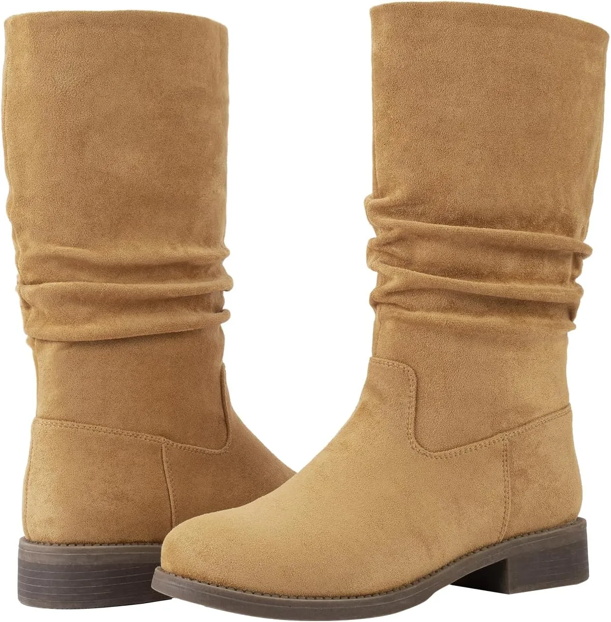 Shoe'N Tale Slouchy Mid Calf Flat Boots for Women Pull On Round Toe Side Zip Fall and Winter Fashion Comfortable Boots