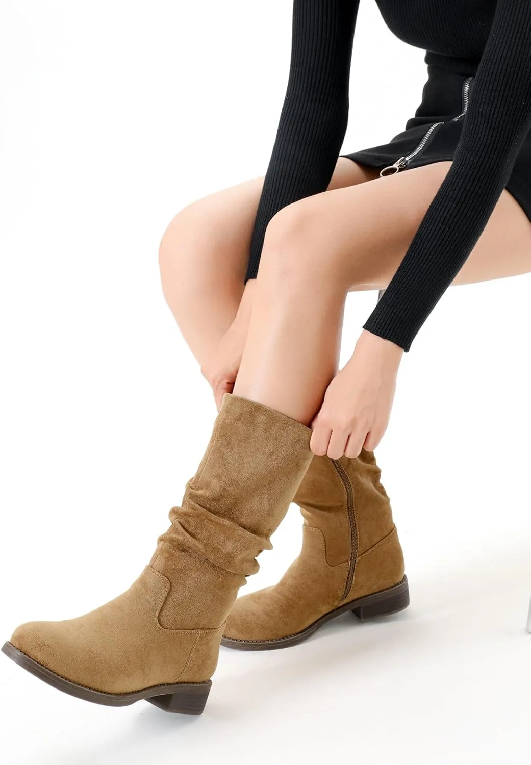 Shoe'N Tale Slouchy Mid Calf Flat Boots for Women Pull On Round Toe Side Zip Fall and Winter Fashion Comfortable Boots
