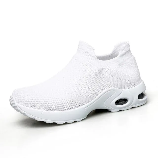 Shoes flat slip on platform black breathable mesh  sneakers