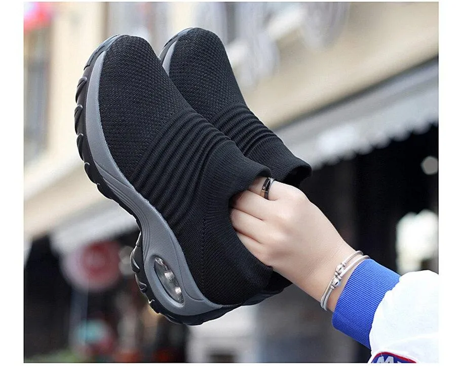 Shoes flat slip on platform black breathable mesh  sneakers